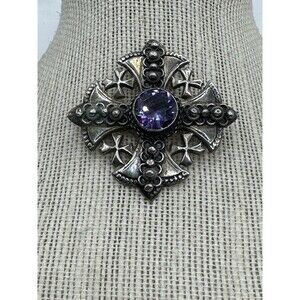 Vintage Jerusalem Cross Brooch Pin Pendant 900 Silver Purple Sapphire Stone 26g